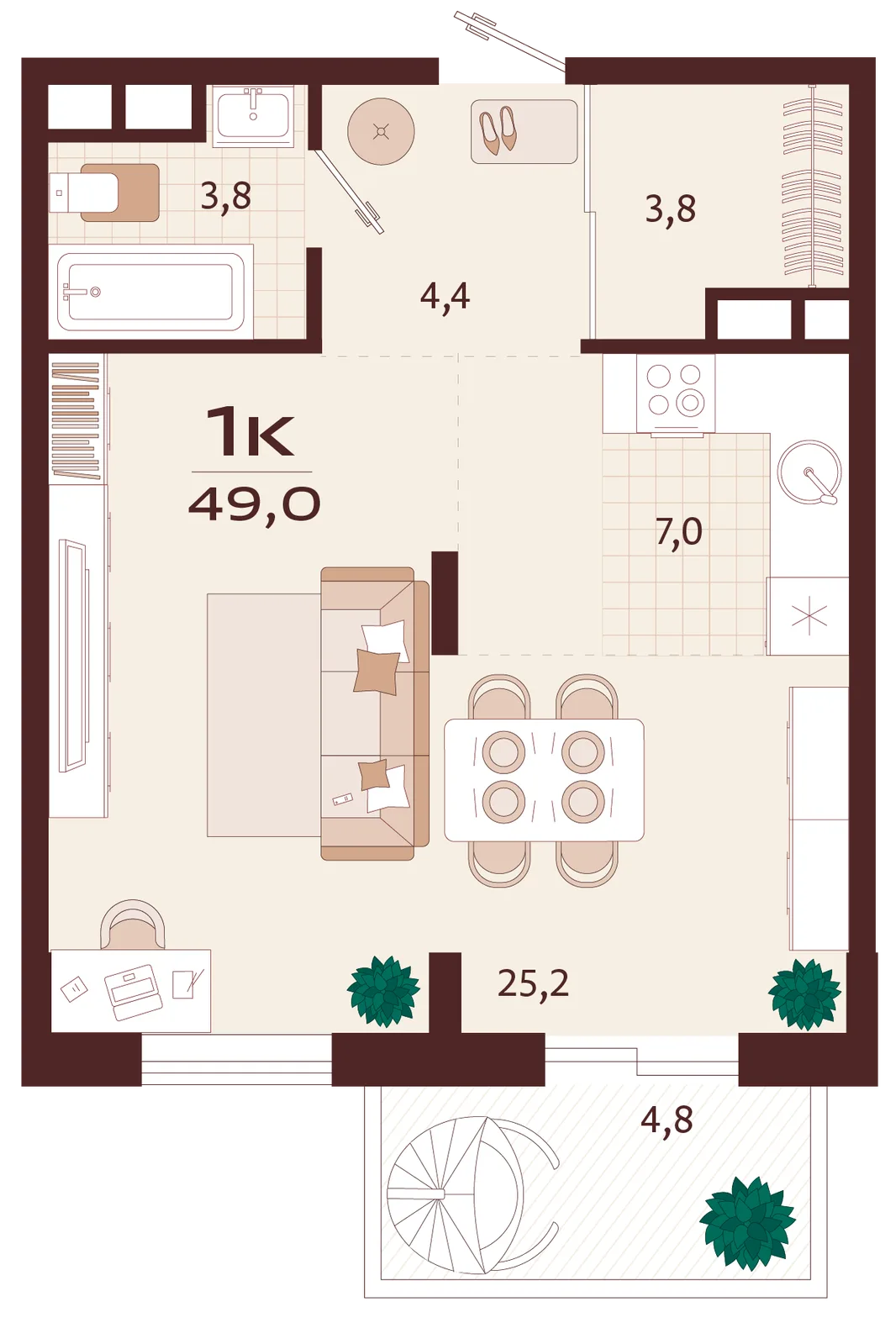 Планировка 1-комн. квартира, 49 м² ЖК «Роялта»