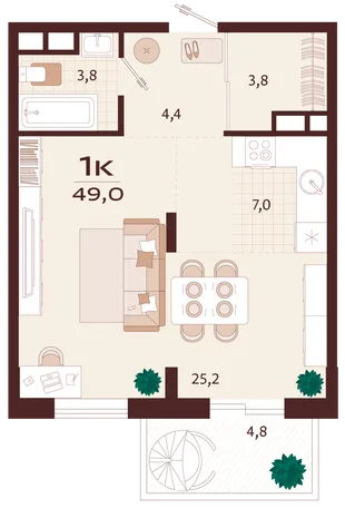 Планировка 1-комн. квартира, 49 м² ЖК «Роялта»