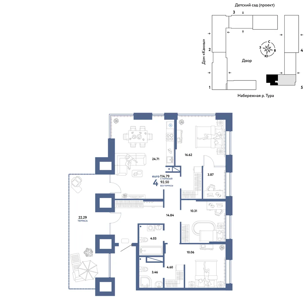 Планировка 4-комн. квартира, 114.79 м² ЖК «Европейский берег 2.0»