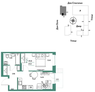 Планировка 2-комн. квартира, 39.34 м² ЖК «Европейский берег 2.0»
