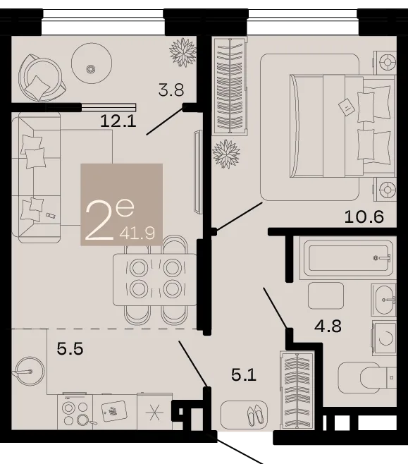 Планировка 2-комн. квартира, 41.9 м² ЖК «Хозяин морей»