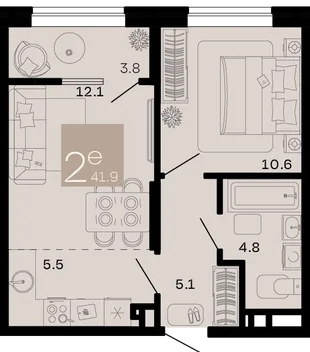 Планировка 2-комн. квартира, 41.9 м² ЖК «Хозяин морей»