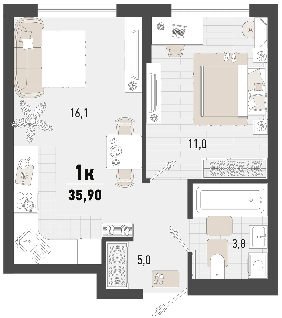 Планировка 1-комн. квартира, 35.9 м² ЖК «Барса»
