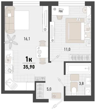 Планировка 1-комн. квартира, 35.9 м² ЖК «Барса»
