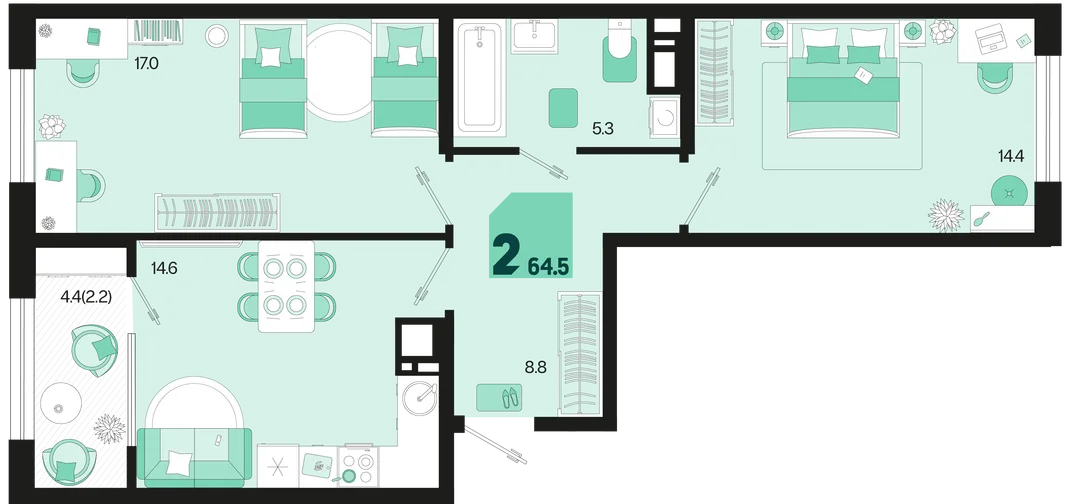 Планировка 2-комн. квартира, 64.5 м² ЖК «Первое место»