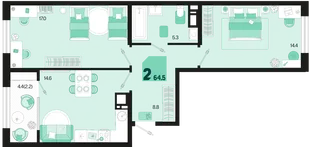 Планировка 2-комн. квартира, 64.5 м² ЖК «Первое место»