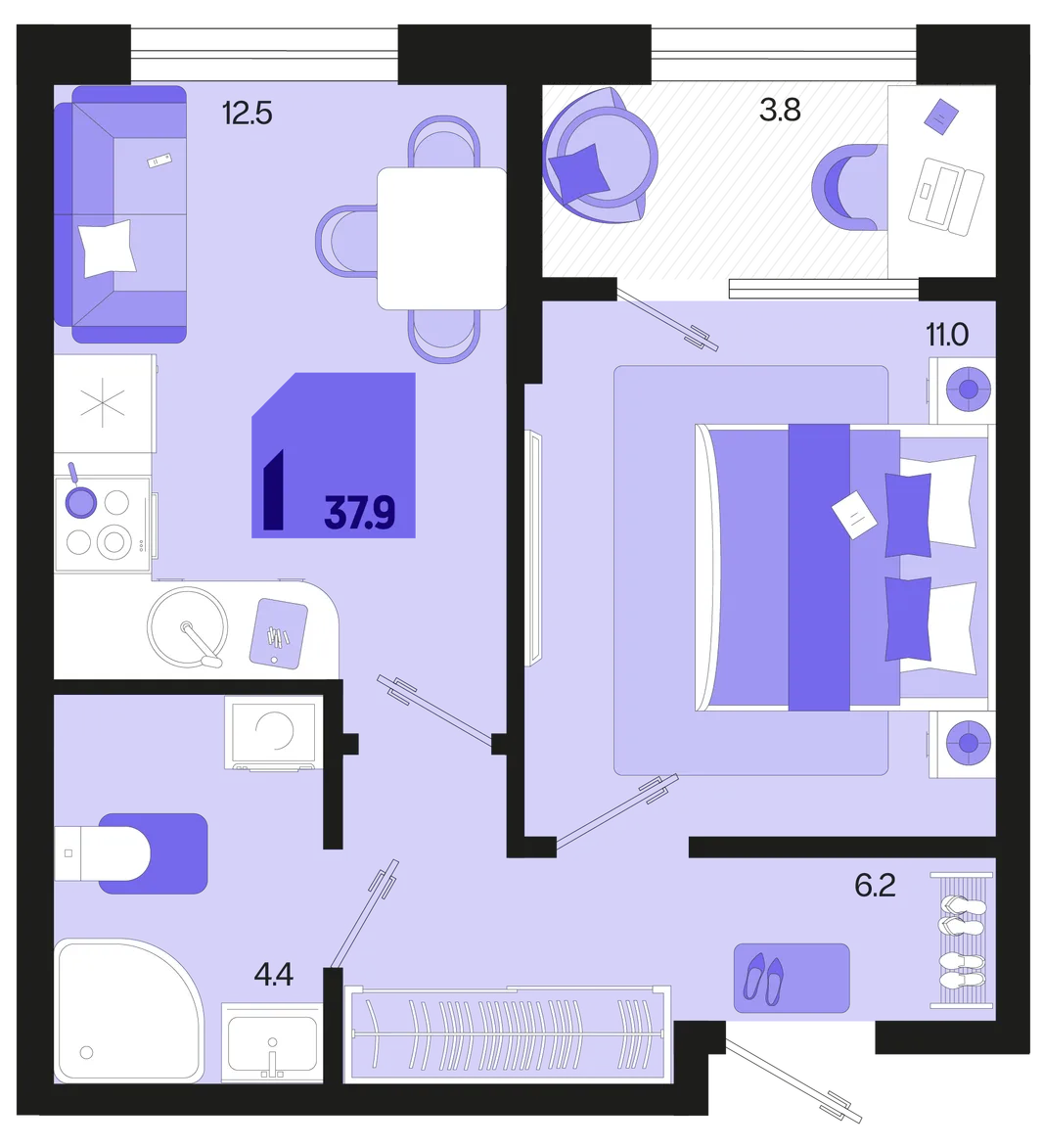 Планировка 1-комн. квартира, 37.9 м² ЖК «Первое место»