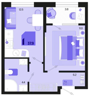 Планировка 1-комн. квартира, 37.9 м² ЖК «Первое место»