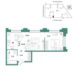 Планировка 2-комн. квартира, 43.09 м² ЖК «Микрорайон Звездный»
