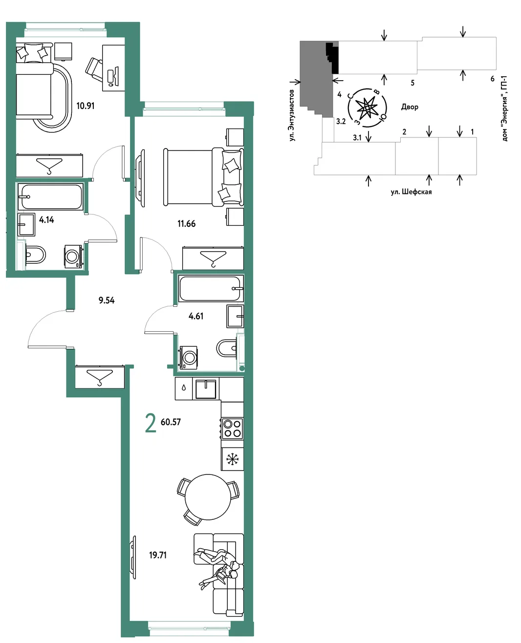 Планировка 2-комн. квартира, 60.57 м² ЖК «Страна.Энтузиастов»