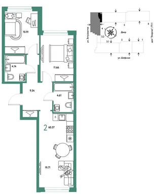 Планировка 2-комн. квартира, 60.57 м² ЖК «Страна.Энтузиастов»