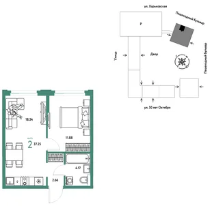 Планировка 2-комн. квартира, 37.25 м² ЖК «Сердце Сибири»