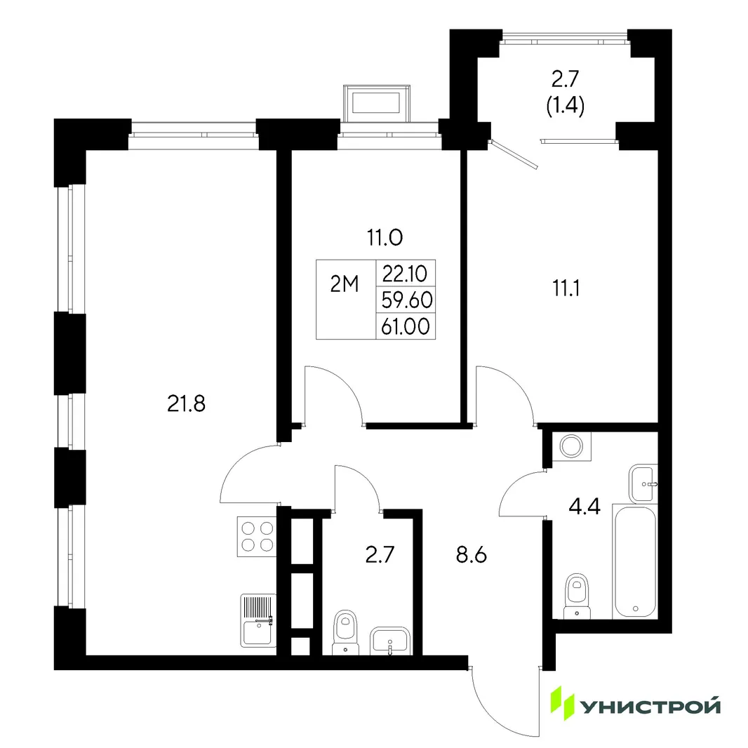 Планировка 2-комн. квартира, 61 м² ЖК «Стадиум»