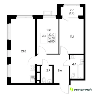 Планировка 2-комн. квартира, 61 м² ЖК «Стадиум»
