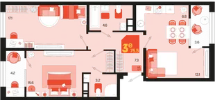 Планировка 3-комн. квартира, 75.5 м² ЖК «Первое место»