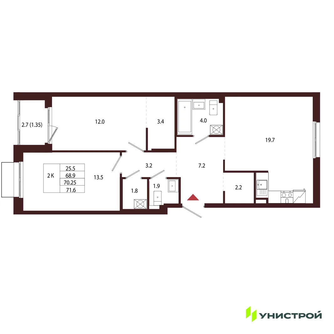Планировка 2-комн. квартира, 70.25 м² ЖК «Лисино»