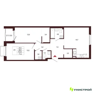 Планировка 2-комн. квартира, 70.25 м² ЖК «Лисино»