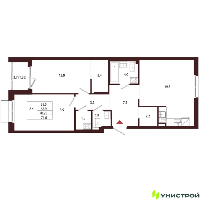 Планировка 2-комн. квартира, 70.25 м² ЖК «Лисино»