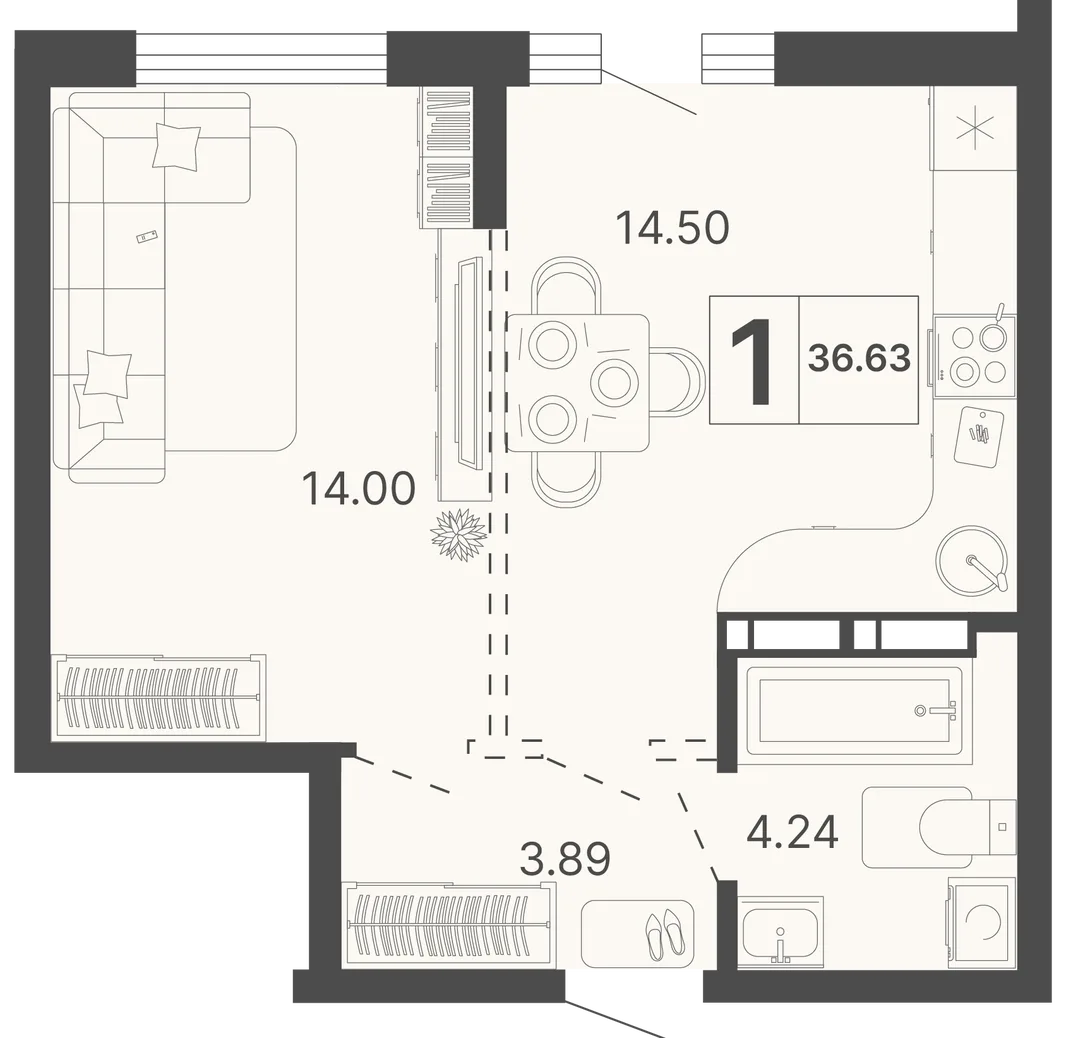 Планировка 1-комн. квартира, 36.63 м² ЖК «Светский лес»