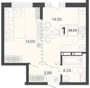 Планировка 1-комн. квартира, 36.63 м² ЖК «Светский лес»