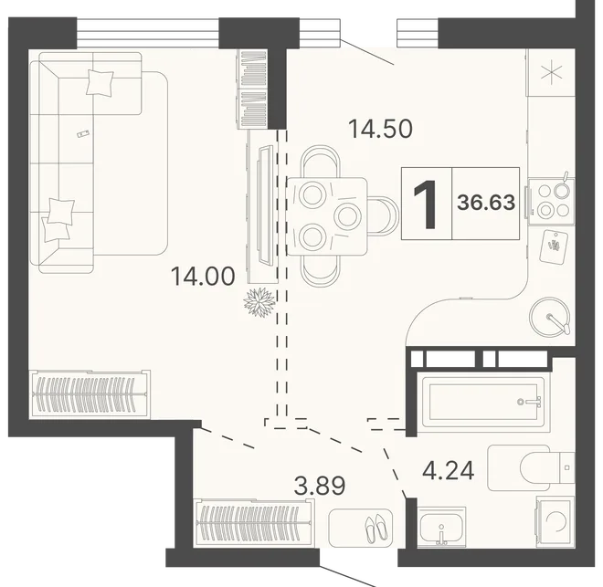 Планировка 1-комн. квартира, 36.63 м² ЖК «Светский лес»