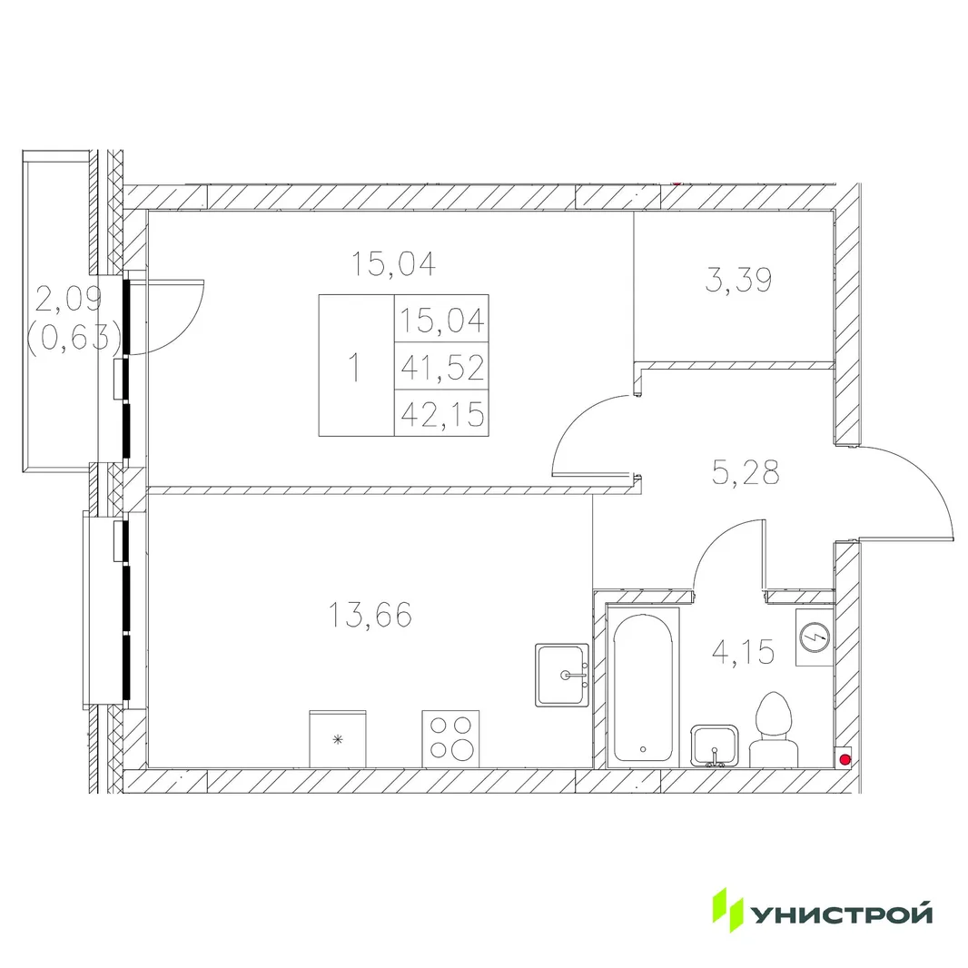 Планировка 1-комн. квартира, 42.15 м² ЖК «Statum»