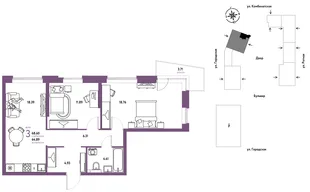 Планировка 3-комн. квартира, 68.6 м² ЖК «Уральский сад»