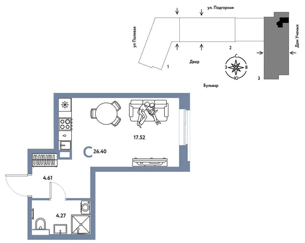 Планировка Студия, 26.48 м² ЖК «Авторский»