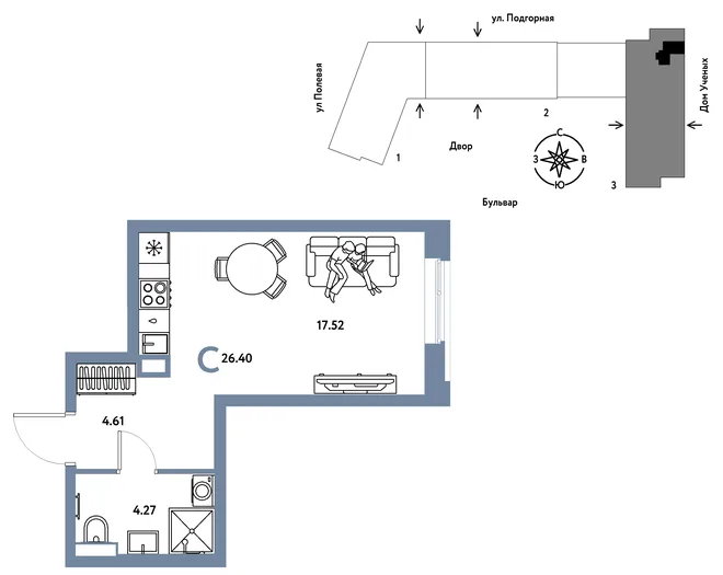 Планировка Студия, 26.48 м² ЖК «Авторский» Планировка Студия, 26.48 м² ЖК «Авторский»