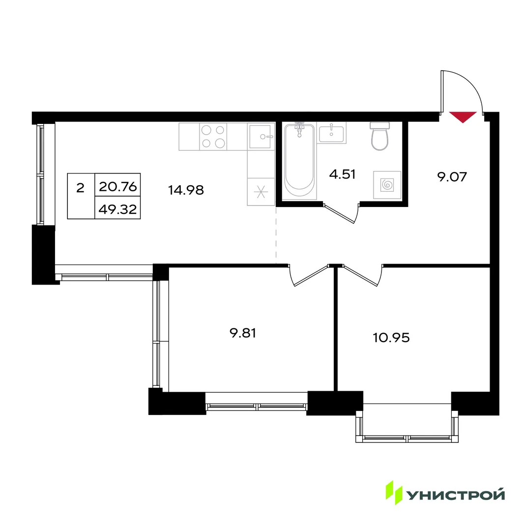 Планировка 2-комн. квартира, 49.32 м² ЖК «Уникум на Энгельса»