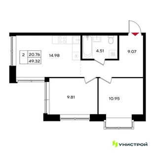 Планировка 2-комн. квартира, 49.32 м² ЖК «Уникум на Энгельса»