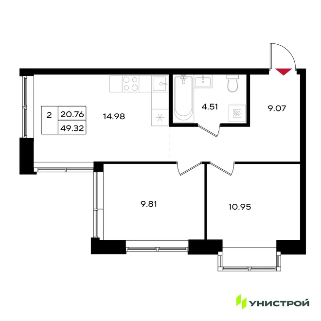 Планировка 2-комн. квартира, 49.32 м² ЖК «Уникум на Энгельса» Планировка 2-комн. квартира, 49.32 м² ЖК «Уникум на Энгельса»