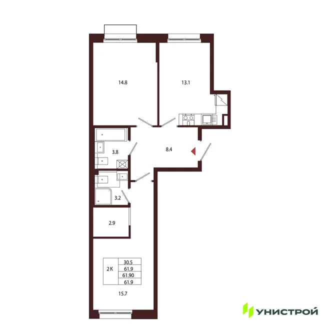 Планировка 2-комн. квартира, 61.9 м² ЖК «Лисино» Планировка 2-комн. квартира, 61.9 м² ЖК «Лисино»