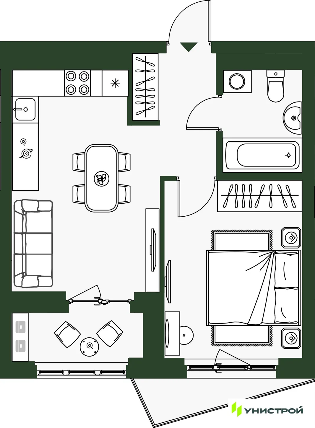 Планировка 1-комн. квартира, 36.72 м² ЖК «Парковый квартал 2.0»