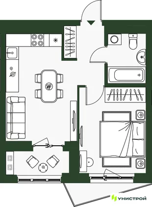 Планировка 1-комн. квартира, 36.72 м² ЖК «Парковый квартал 2.0»