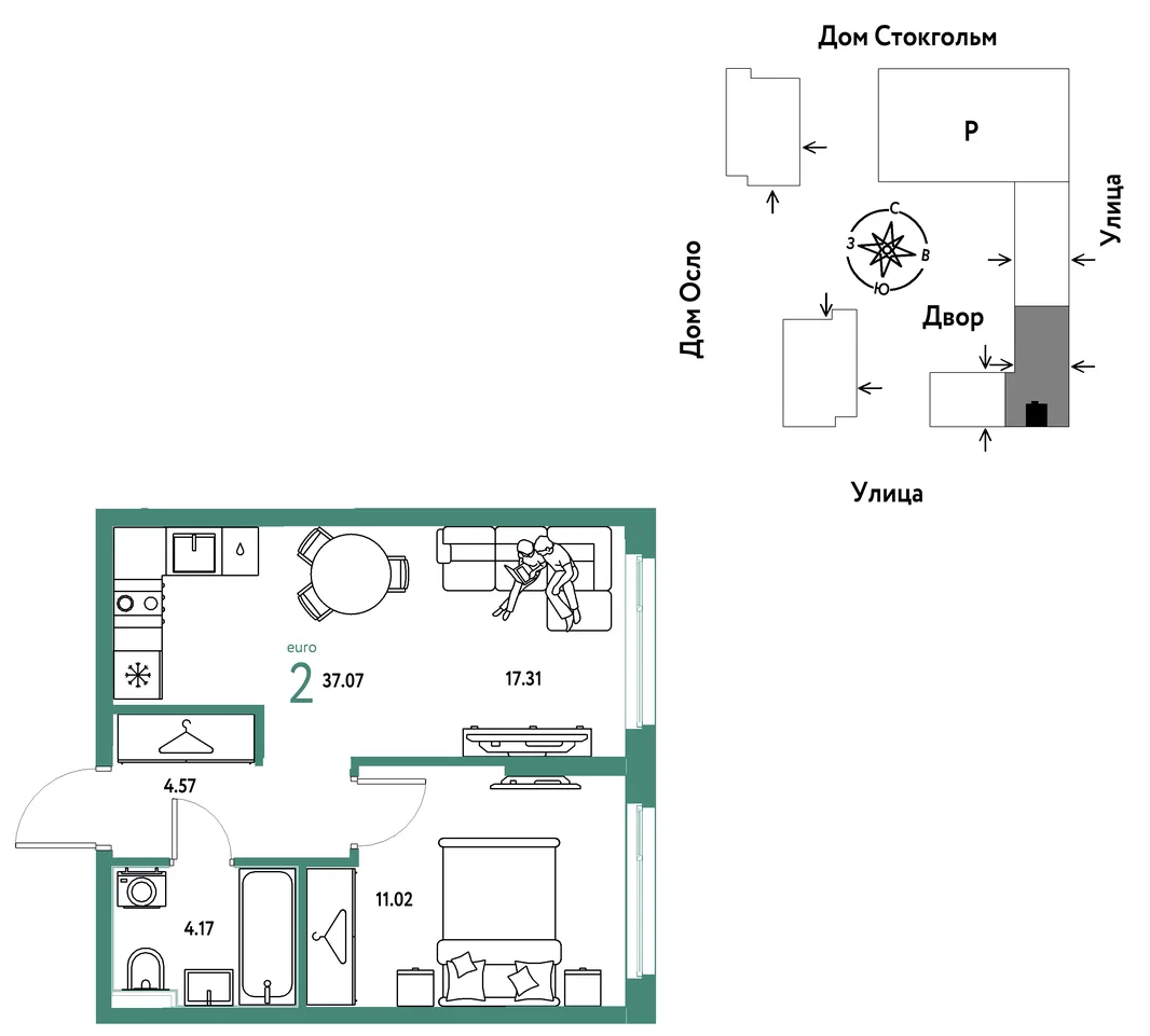 Планировка 2-комн. квартира, 37.07 м² ЖК «Европейский берег 2.0»