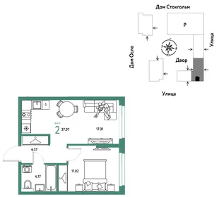 Планировка 2-комн. квартира, 37.07 м² ЖК «Европейский берег 2.0»
