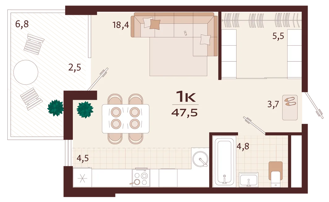 Планировка 1-комн. квартира, 47.5 м² ЖК «Роялта»