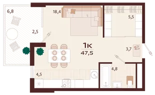 Планировка 1-комн. квартира, 47.5 м² ЖК «Роялта»