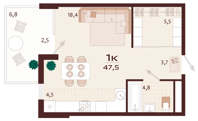 Планировка 1-комн. квартира, 47.5 м² ЖК «Роялта» Планировка 1-комн. квартира, 47.5 м² ЖК «Роялта»