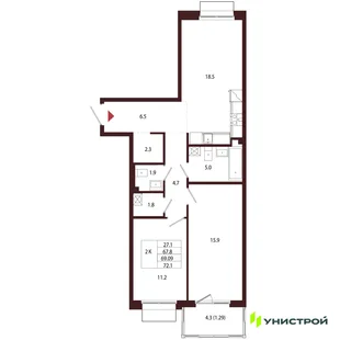 Планировка 2-комн. квартира, 69.09 м² ЖК «Лисино»