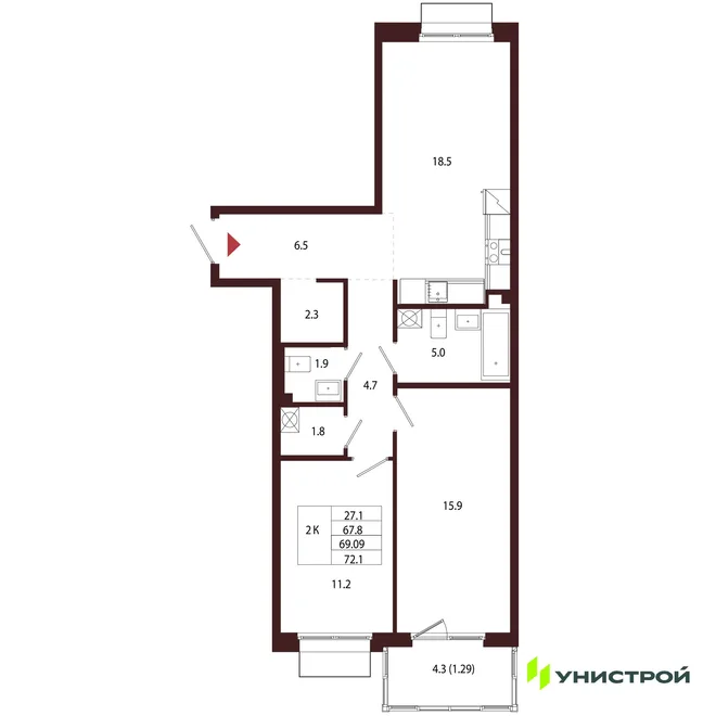 Планировка 2-комн. квартира, 69.09 м² ЖК «Лисино» Планировка 2-комн. квартира, 69.09 м² ЖК «Лисино»
