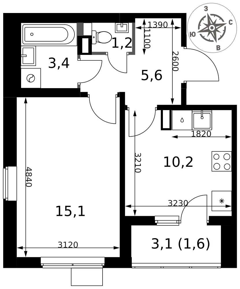 Планировка 1-комн. квартира, 37.1 м² ЖК «1-й Химкинский»