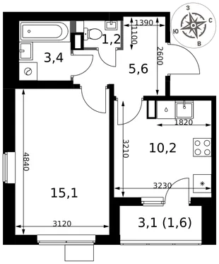 Планировка 1-комн. квартира, 37.1 м² ЖК «1-й Химкинский»