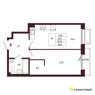 Планировка 1-комн. квартира, 43.55 м² ЖК «Лисино»