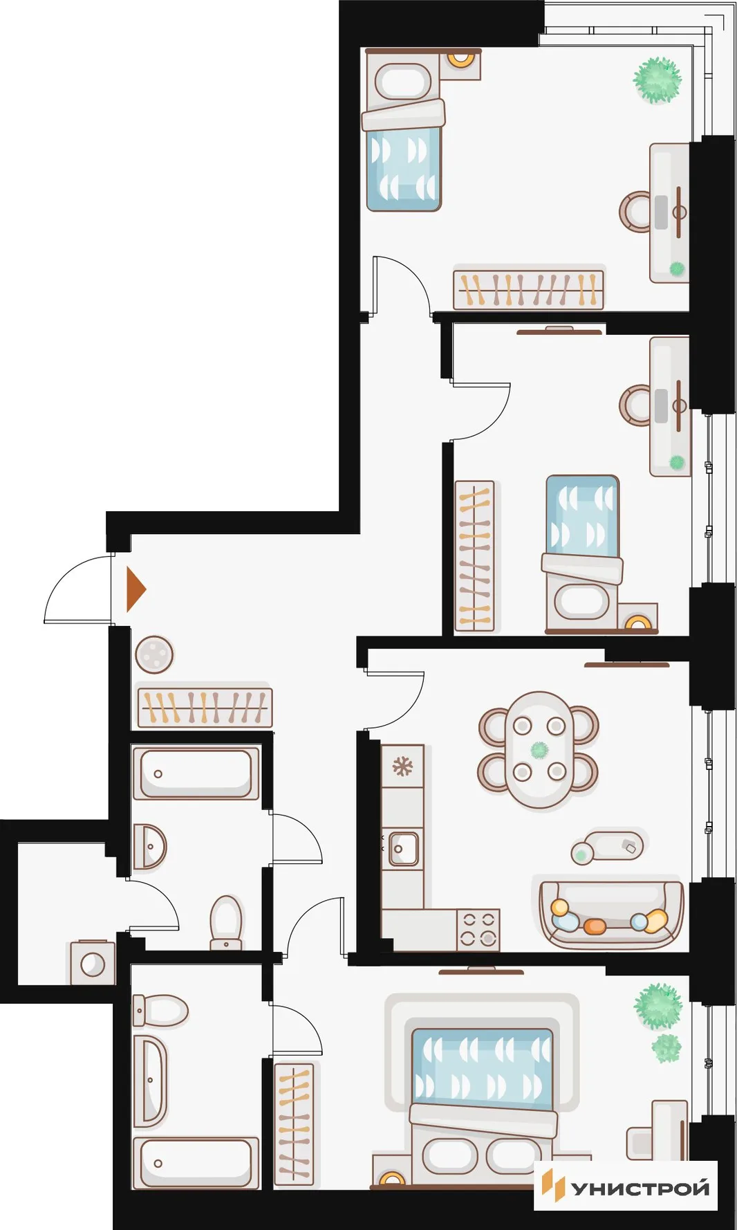 Планировка 3-комн. квартира, 95.87 м² ЖК «Жилой кластер Q на Кулагина»