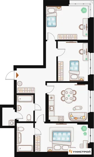 Планировка 3-комн. квартира, 95.87 м² ЖК «Жилой кластер Q на Кулагина»
