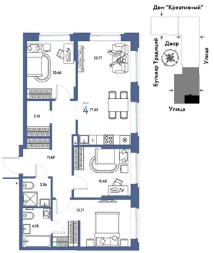Планировка 4-комн. квартира, 77.45 м² ЖК «Микрорайон Домашний»