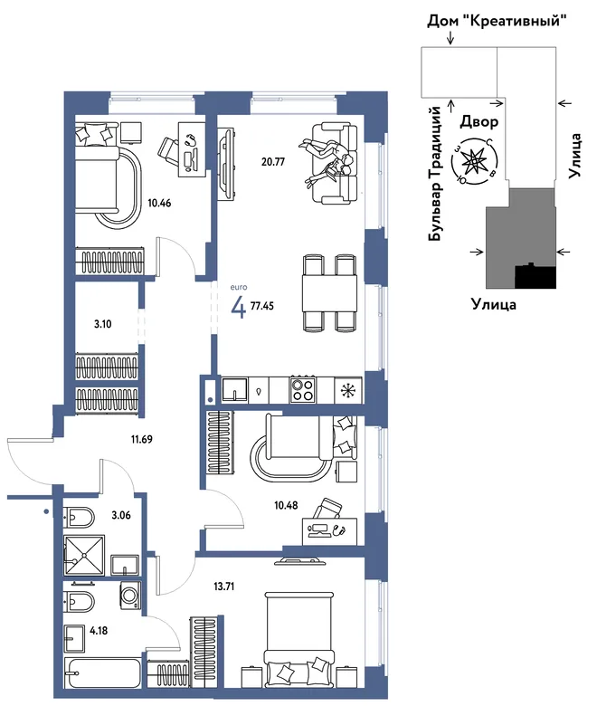 Планировка 4-комн. квартира, 77.45 м² ЖК «Микрорайон Домашний» Планировка 4-комн. квартира, 77.45 м² ЖК «Микрорайон Домашний»