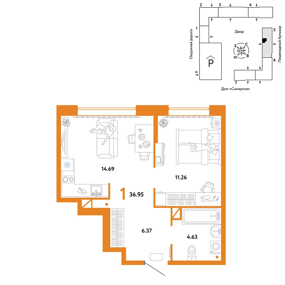 Планировка 1-комн. квартира, 36.95 м² ЖК «Юнион»